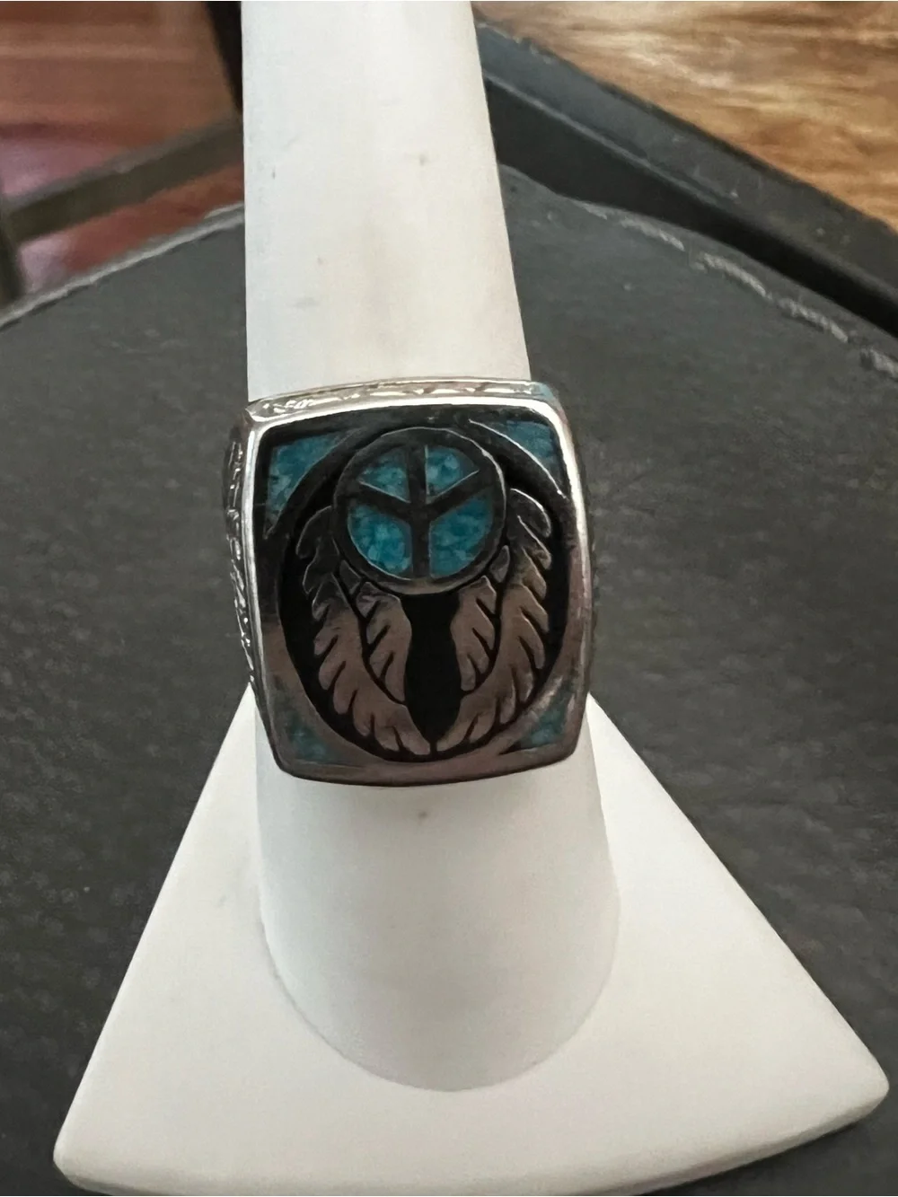 Turquoise Inlay Winged Emblem Sterling Men's Ring